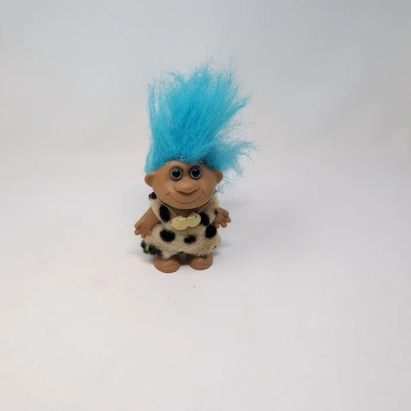 Russ Troll Doll Blue Hair Caveman Leopard Print Outfit Vintage Toy Small 3" - Picture 2 of 5